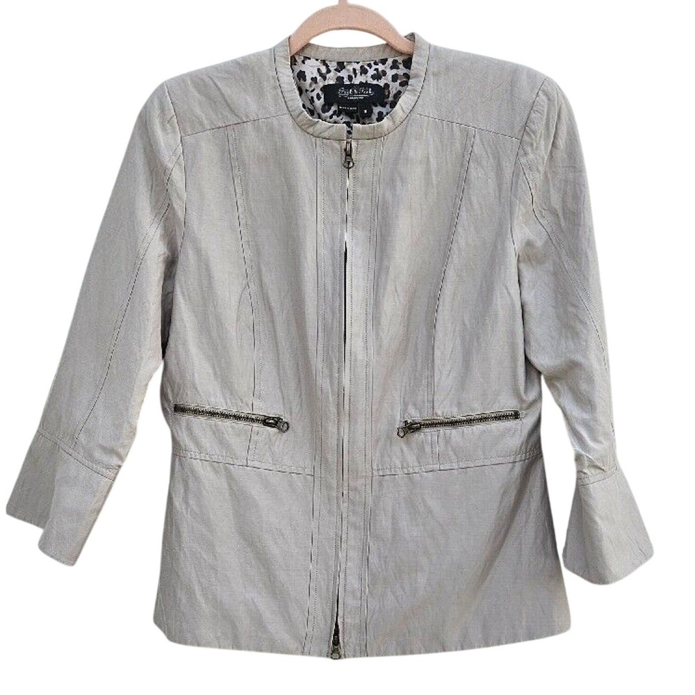 Peck and Peck Womens Minimalist Blazer‎ 8 Beige Zip Up Cotton Office Career